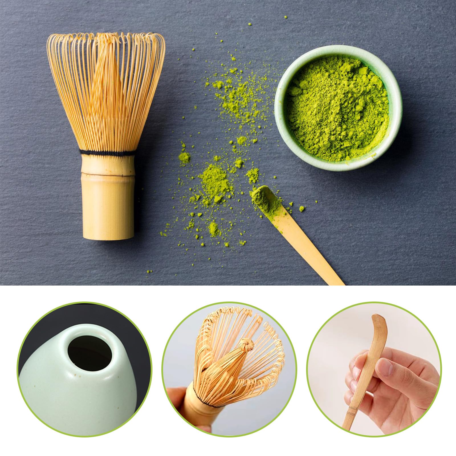 Matcha Set, Matcha Tee Set, 7er-Pack, erhältlich mit Matcha Schale, Schneebesen, Besenhalter, Teelöffel, Teelöffelhalter, MatchaSieb, Geschirrtuch, Geschenkbox für Teezeremonie, handgefertigtes Matcha 3
