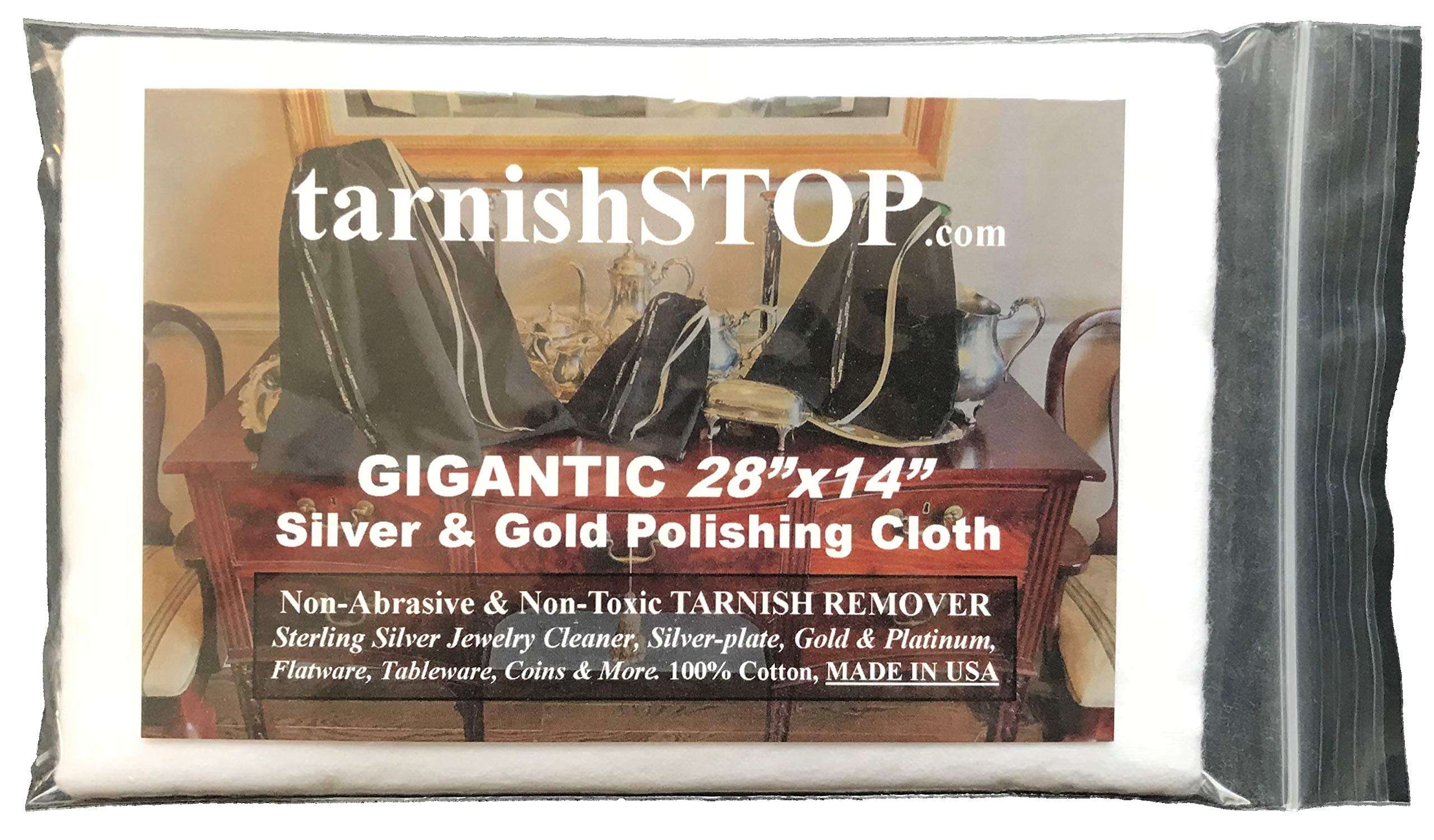 TarnishSTOP, USA Made, Gigantic 28"x14" Eco-Friendly & Unscented 100% Cotton Polishing Cleaning Cloth for Silver, Gold, Platinum, Coins - Keeps Your Jewelry Gleaming