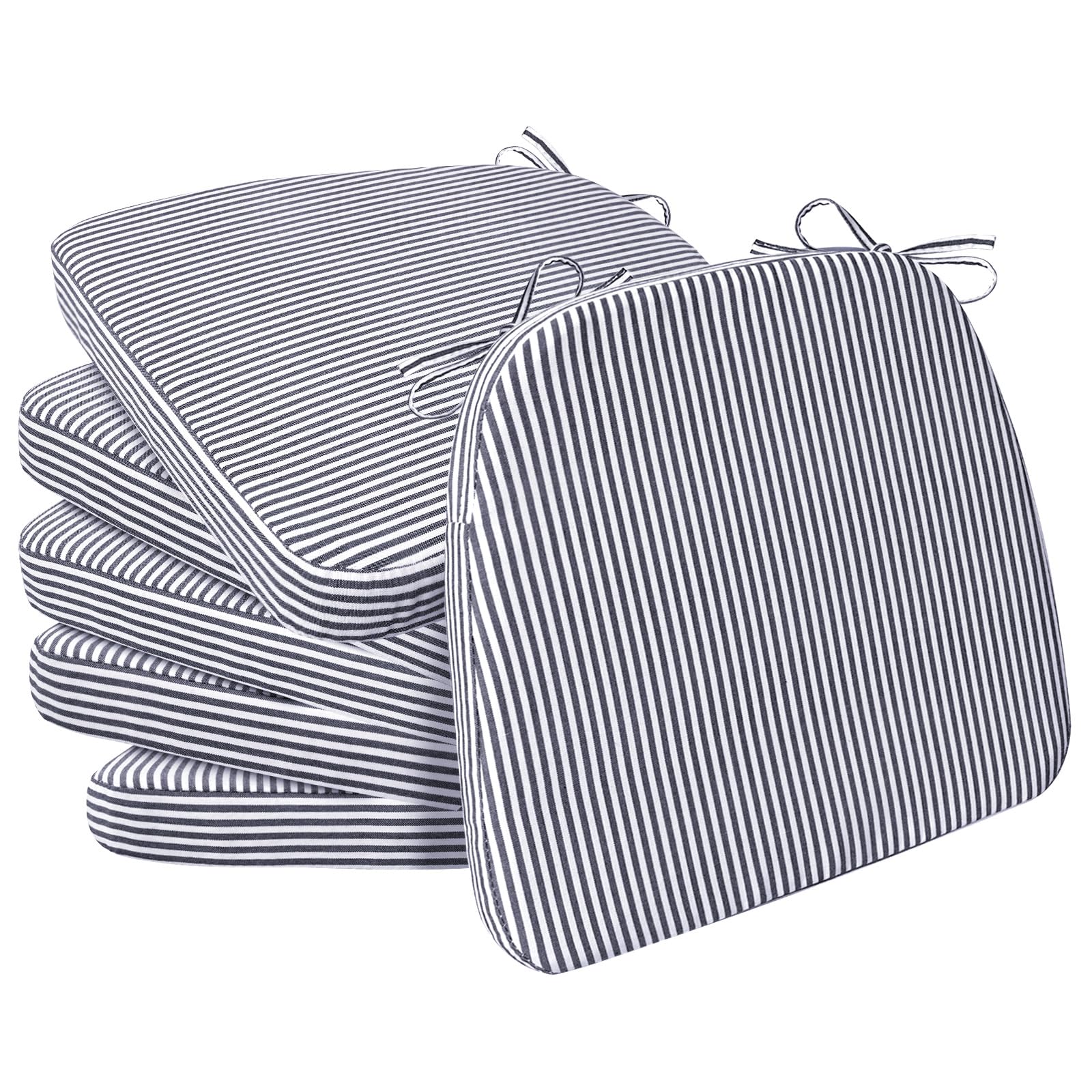 AAAAAcessories D-Shaped Chair Cushions, Featuring Ties and Removable, Machine-Washable Cover, 2'' Thick Seat Pads for Kitchen and Dining Rooms, 17'' x 16'', Set of 6, Pinstripe Dark Gray Image