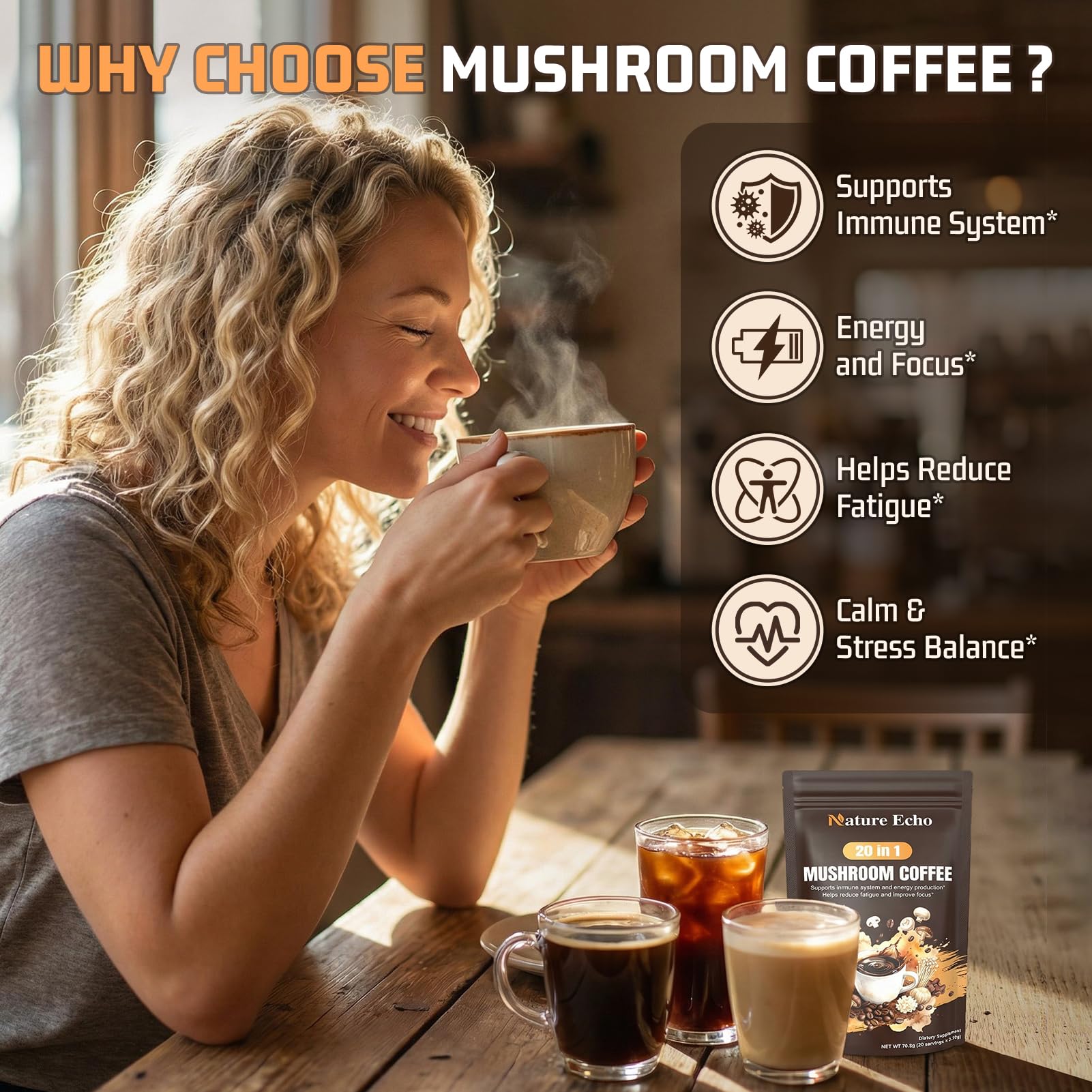 Nature Echo 20 in 1 Mushroom Coffee with Ashwagandha | Lion’s Mane, Reishi, Cordyceps & More - Instant Coffee Powder for Focus, Memory, Immune & Gut Support | 2.5 Ounce | Sugar Free
