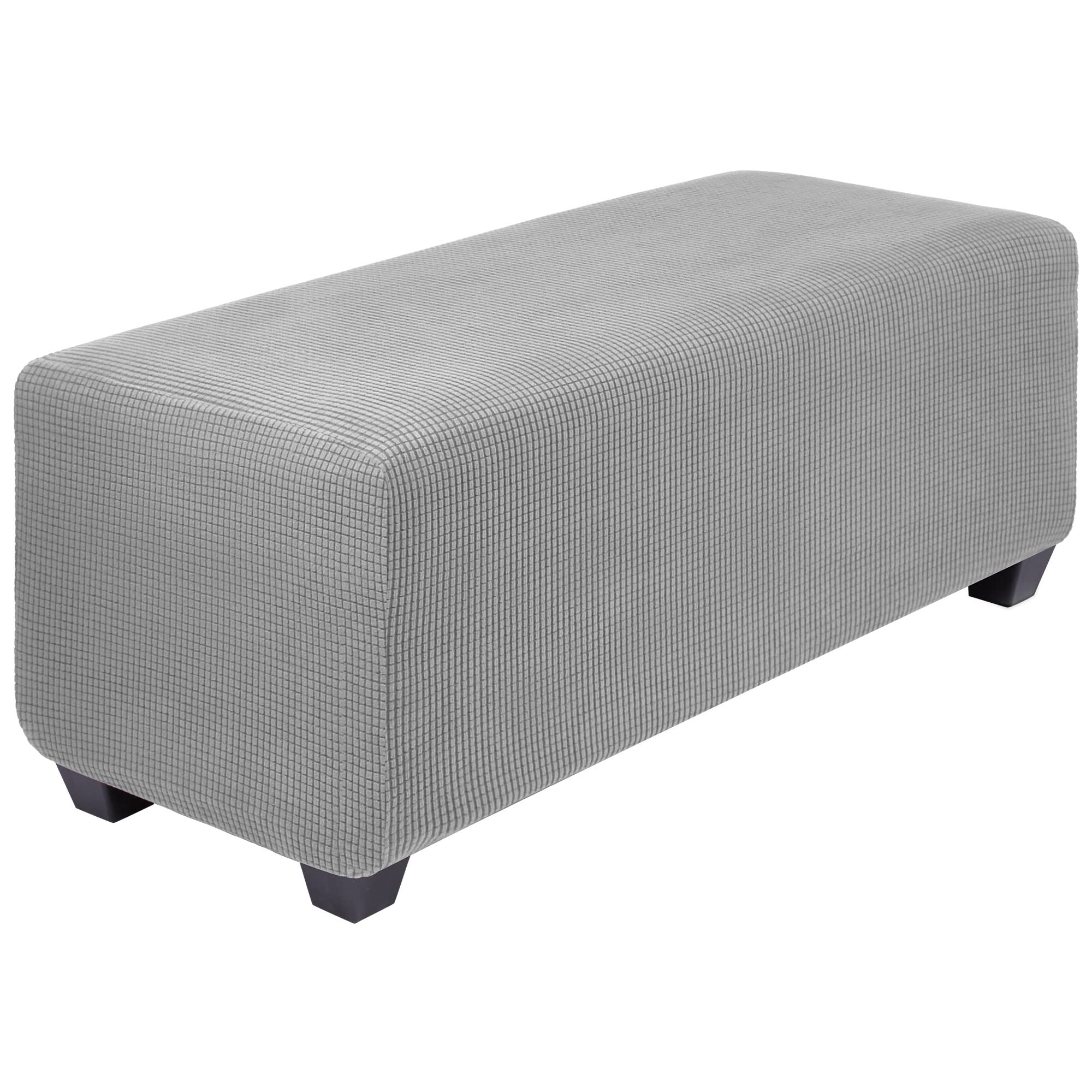 PiccoCasa High Stretch Ottoman Cover with Elastic Bottom, Soft Slipcover Jacquard Fabric Small Checks Rectangle Storage Stool Cover Furniture Covers Light Gray X-Large
