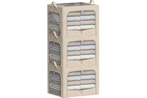 FHSQX 3 Pack Clothes Storage Bins with Metal Frame- Foldable Storage Organizer Bin for Clothes Linen Fabric Storage Box with Lid ＆Clear Window (Beige, 15.7x11.8x11.8inch)
