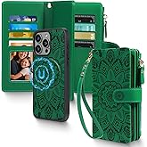 2 in 1 for iPhone 15 Pro Max Wallet Case Magnetic Compatible with Magsafe RFID Blocking Card Holder Detachable Phone Cover Zipper Purse Kickstand Wrist Strap for Men Women 6.7" 2023 Floral Green