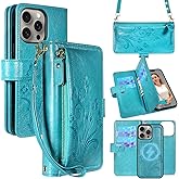 Lacass for iPhone 15 Pro Max Detachable Crossbody Wallet Case,Compatible with MagSafe Wireless Charging, [Cards Theft Scan Protection], Magnetic Case Stand PU Leather Zipper(Floral Blue Green)