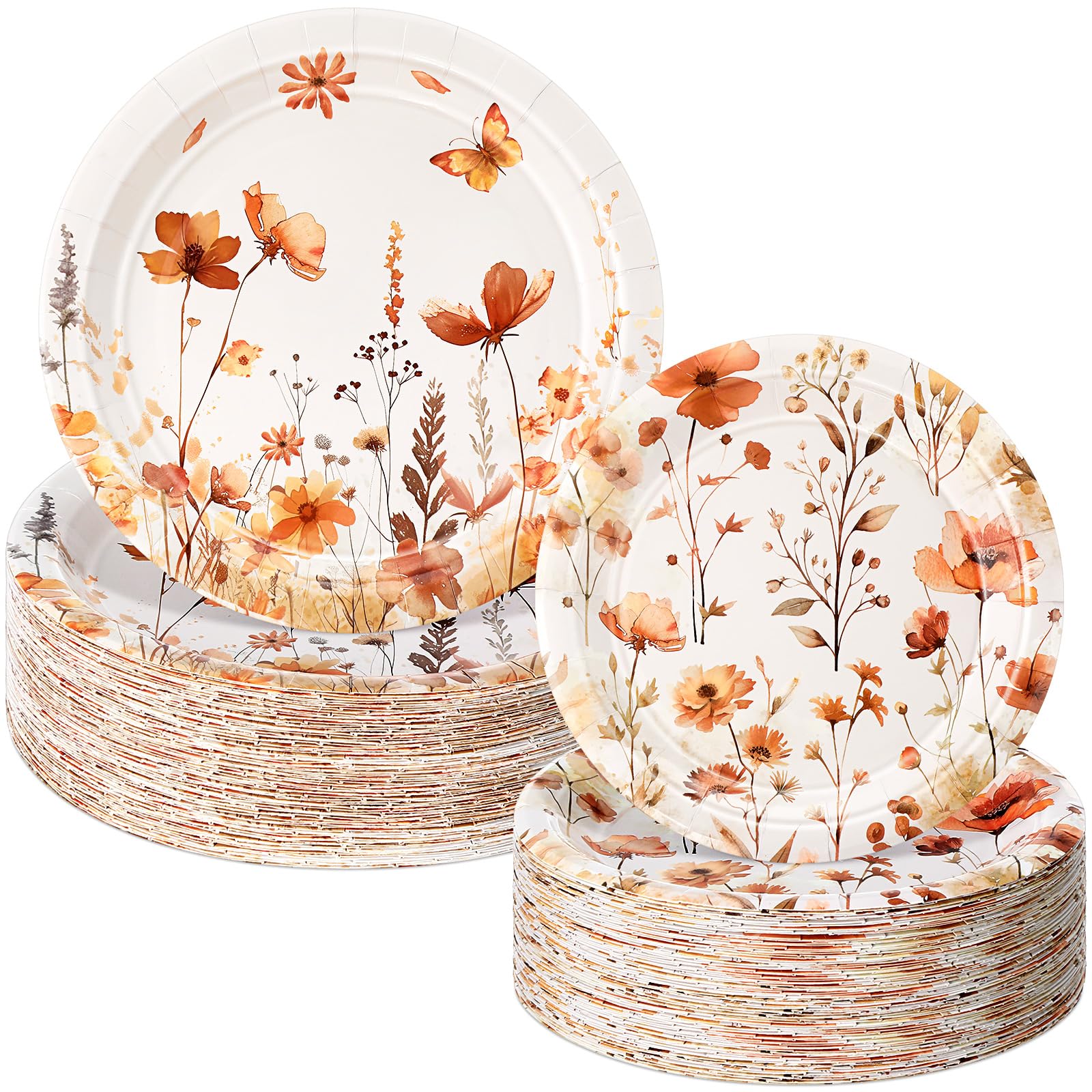 Photo 1 of Mumufy 100 Pack Wild Floral Paper Plates Flower Dinner Decoration 9" & 7" Disposable Watercolor Dessert Plates for Wedding Birthday Baby Shower Bridal Tea Party Supplies(Fall Flower)