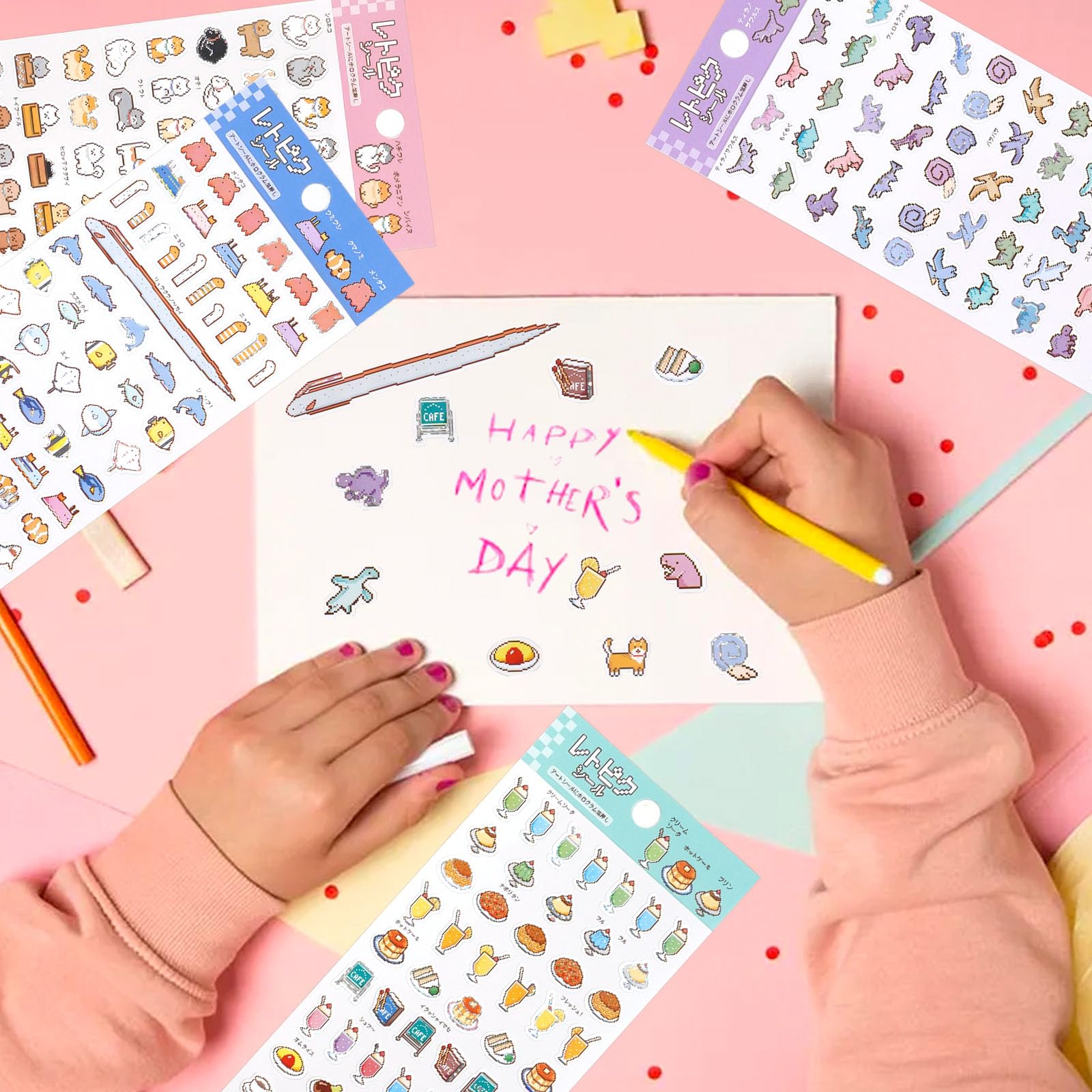 Japanese Kawaii Retro Pixel Style Stickers for Scrapbooking – Cute Animal, Food, Dinosaur, and Ocean Themes – Journaling Sticker Pack for Stationery and Crafting – 4 Sheets