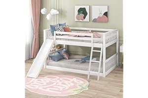Bellemave Full Over Full Low Bunk Bed with Slide and Ladder, Low Bunk Bed for Kids, Girls, Boys, Floor bunk Bed, White