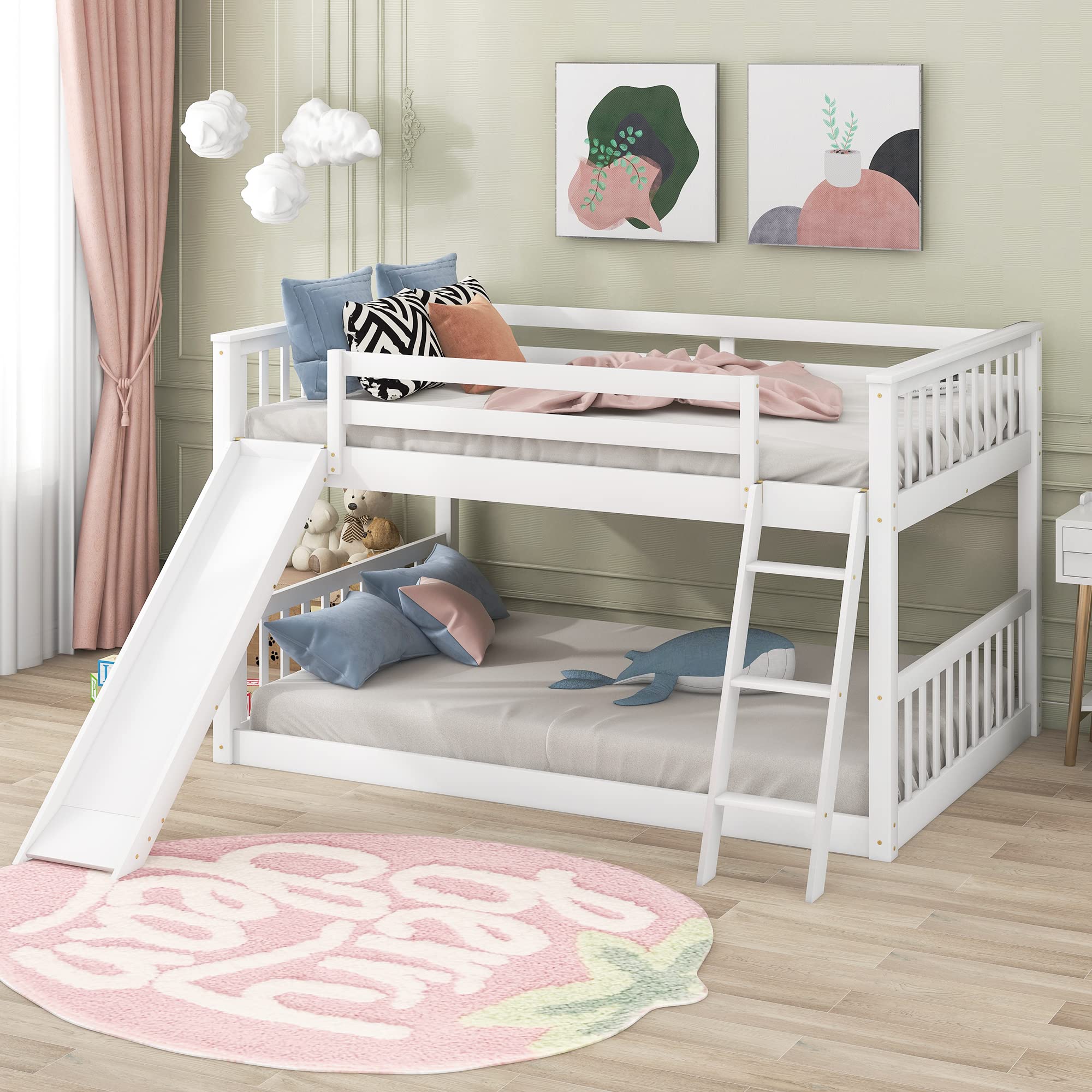 Photo 1 of *** PARTIAL SET - BOX 2 OF 2 *** Bellemave Full Over Full Low Bunk Bed with Slide and Ladder, Low Bunk Bed for Kids, Girls, Boys, Floor bunk Bed, White