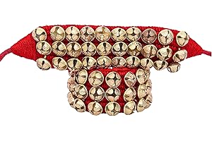 HANDTECHINDIA Dancing Bells Anklet Ghungroo with Colored Cushion Pad 3 Line with (30+30) Bells Best For Indian Classical Dance, Indian Style Brass Ankle Bells (RED)