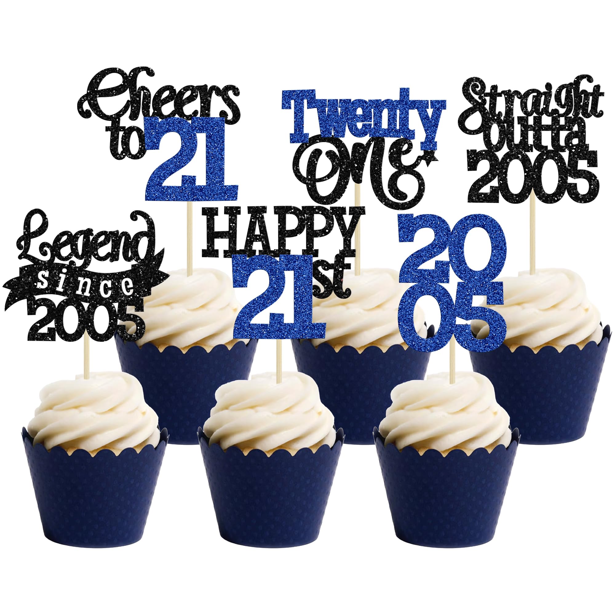 Gyufise 24Pcs Happy 21st Birthday Cupcake Toppers Hello Twenty One Legend Since 2005 Cupcake Picks Cheers to 21 Years Cake Decorations for 21st Birthday Anniversary Party Supplies Black Blue