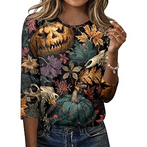 NAMTYQX Halloween Shirts for Women 2026 - Cute Pumpkin Ghost Bat Tunic Blouse Vintage Tops Casual Holiday Shirt Tops Clothes