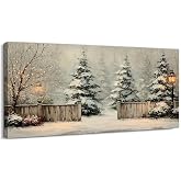 TIHUSAGO Winter Canvas Wall Art, Christmas Garden with Snowy Pine Trees Painting, Rustic Living Room Wall Decor Artwork Ready to Hang (24x48 inches)