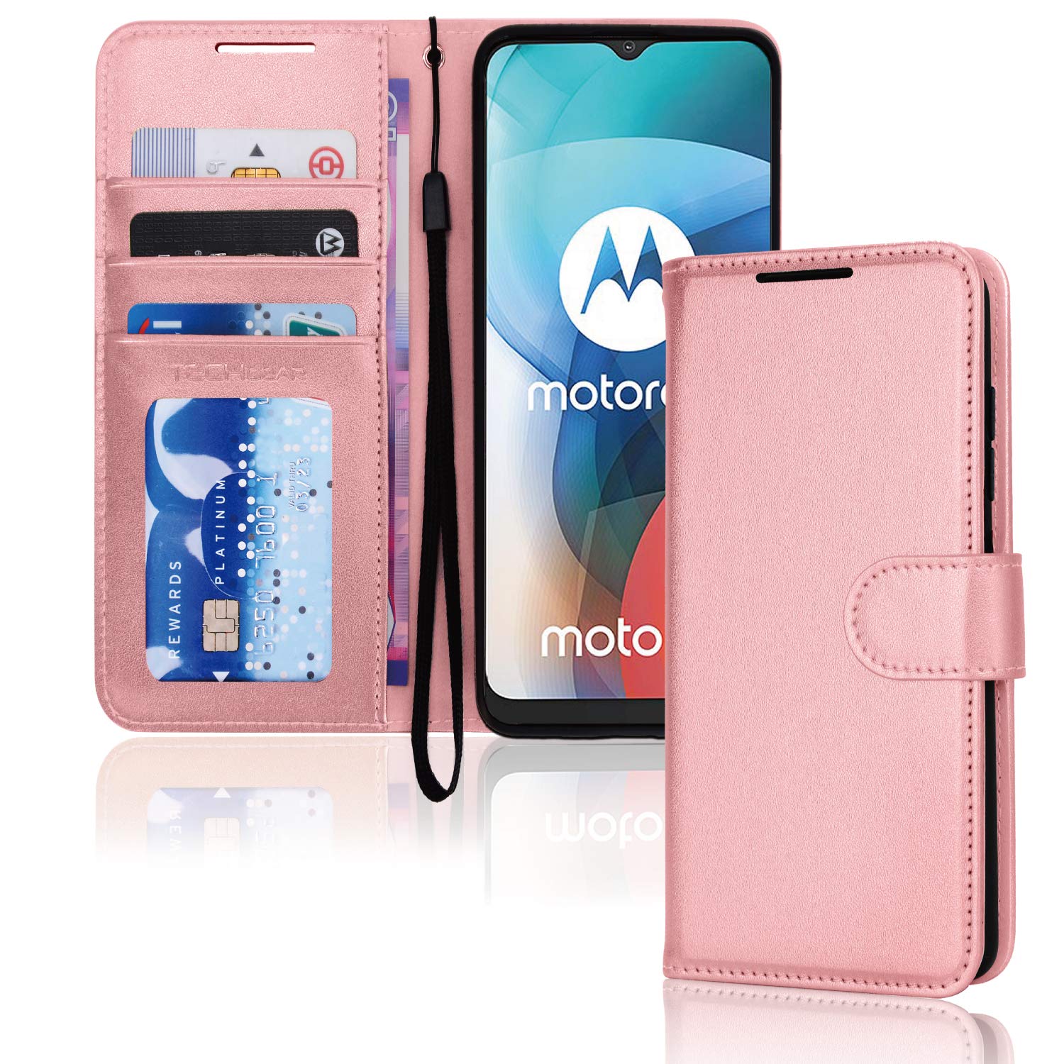 TECHGEAR Moto E7 Leather Wallet Case, Flip Protective Case Cover with Wallet Card Holder, Stand & Wrist Strap, Rose Gold PU Leather with Magnetic Clasp For Motorola Moto E7 2020