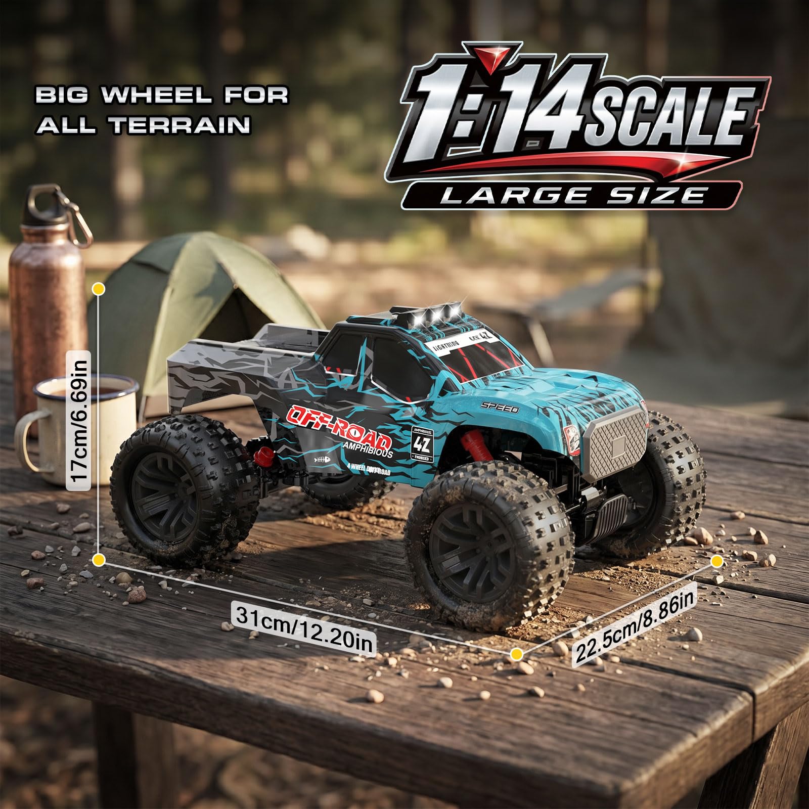YESHIN Amphibienfahrzeug Ferngesteuertes Auto 1:14, 4WD RC Auto Geländewagen mit Licht & 2 Akkus, 2,4GHz Monstertruck Geschenk für Kinder Erwachsene Spielzeugauto für Sand, Wasser & Gelände 6