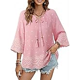 Furnex Womens Summer Boho Tops Casual 3/4 Sleeve V Neck Flowy Vacation Embroidered Blouses 2026