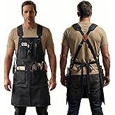 Elfzone Woodworking Apron For Men - Tool Arpon For Men, Work Arpon with Cross Back Adjustable，For Garden, Kitchen, Cafe, M-L (Black)