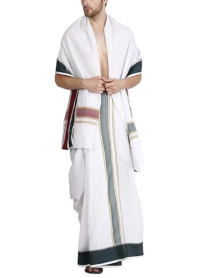 Men's 9X5 Panjagajam white dhoti for men,thick temple border,Color White