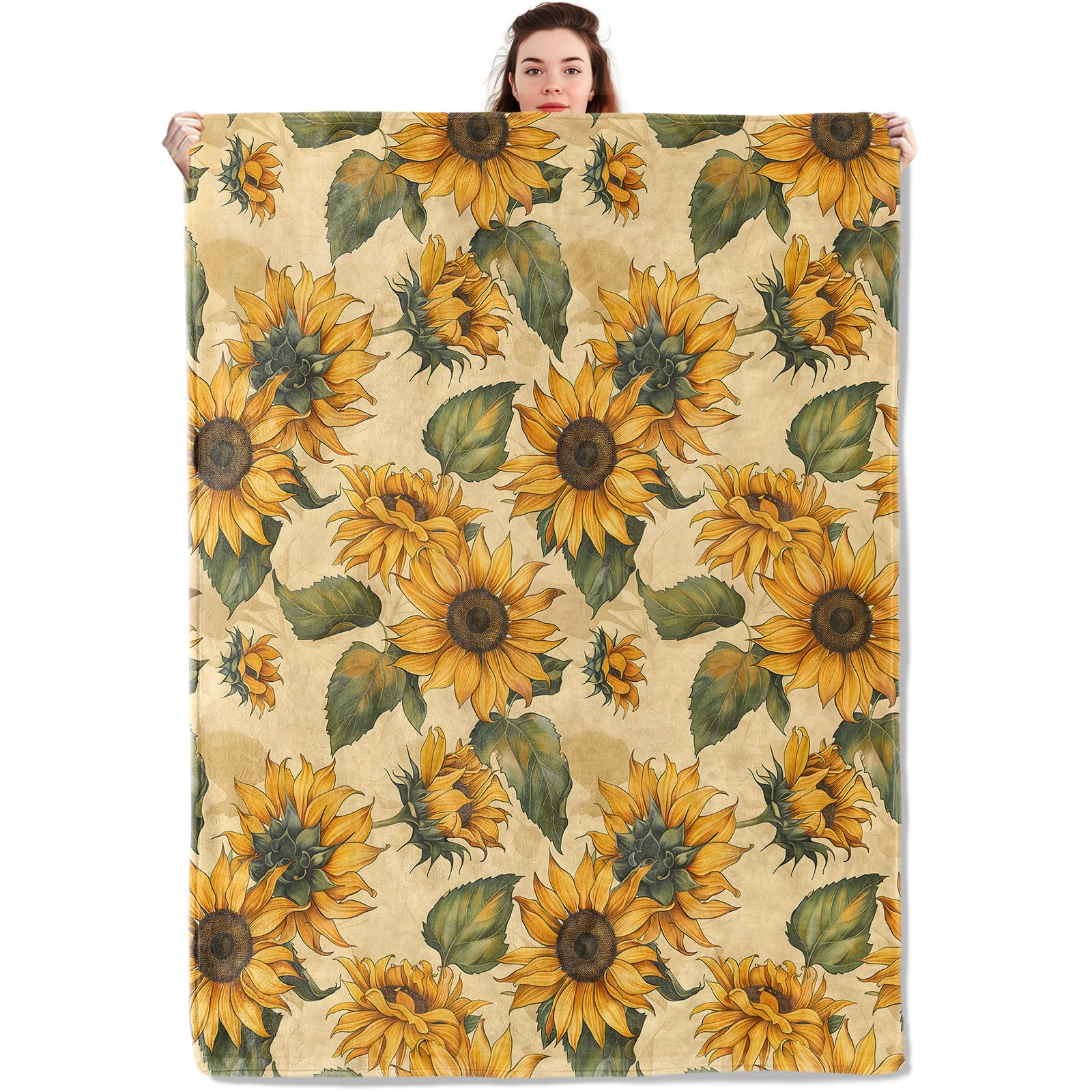 Photo 1 of qxfqxf Vibrant Sunflower Blanket Lightweight Blankets Gifts for Women Flannel Throw with Floral and Green Leaves on Warm Beige Background Printed for Sofa, Bed, Travel, Decor Throws 60x50 Inch