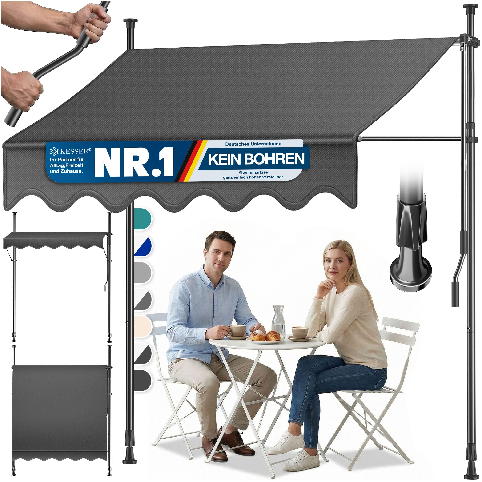 KESSER® Sonnenschutz Markise manuell ausziehbar 300cm | Sonnensegel UV Schutz Sonnenschutz | Klemmmarkise für Outdoor, Terrasse, Balkon, Garten höhenverstellbar ohne Bohren, Anthrazit