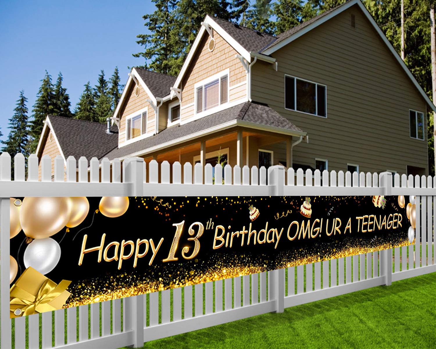 HOWAF Long Happy 13th Birthday Banner Decoration Black Gold, OMG UR A TEENAGER Banner for 13th Birthday Decoration Backdrop Garden Table Wall, Fabric, 9 * 1.2 Ft