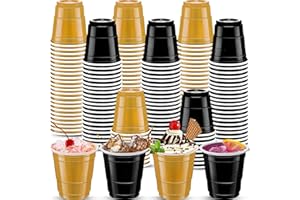 cssopenss 120 pcs 2oz Black Gold Shot Cups Black And Gold shot glasses Happy New Year shot glasses for drinking Tastings served Snacks Jello Tastings and Samples