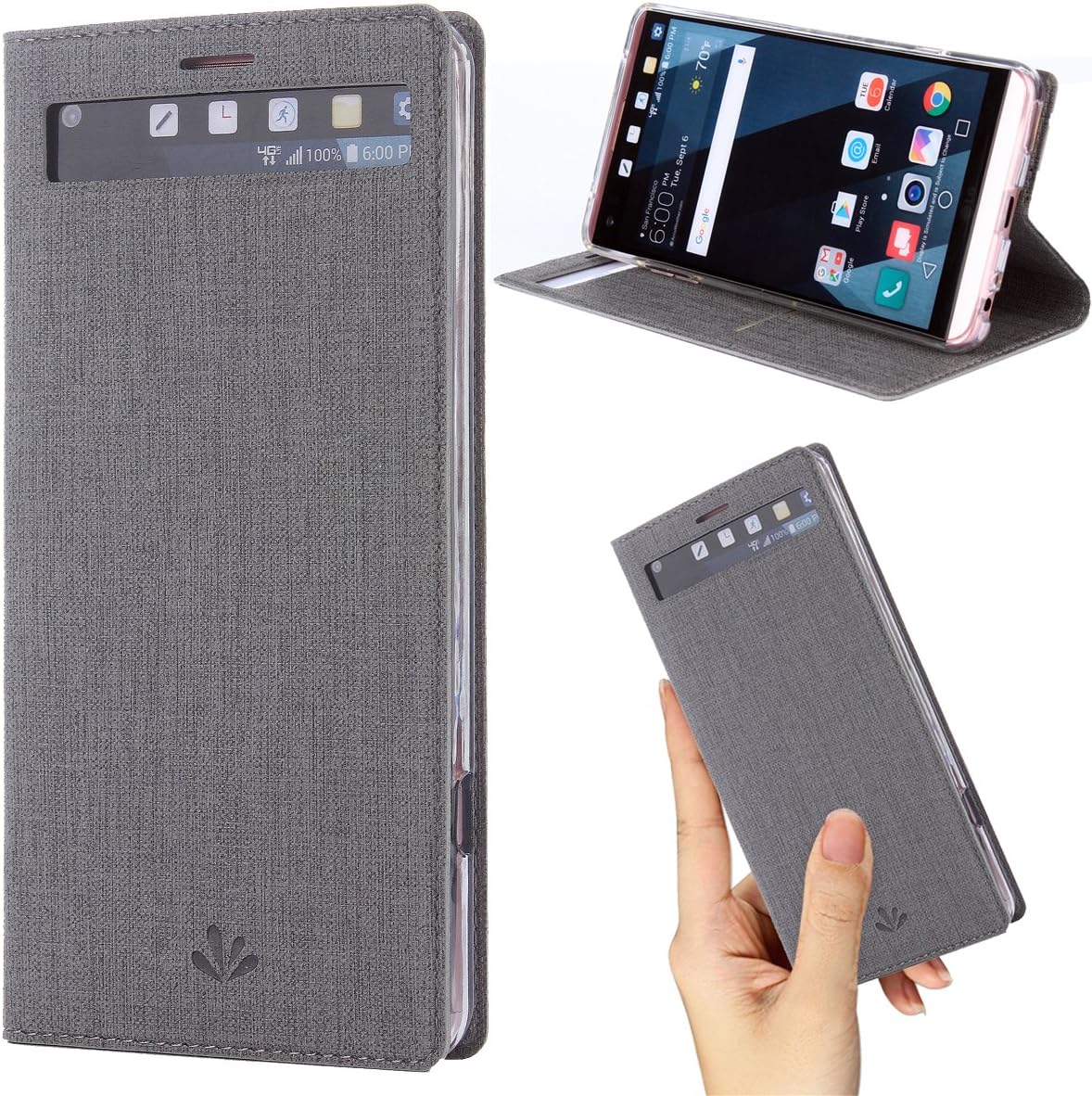 LG V20 case Premium Leather PU Flip Wallet Case with View Window Stand Kickstand Card Holder Magnetic Closure TPU Bumper Full Cover Slim Leather Case for LG V20(Gray)