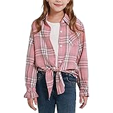 Girls Long Sleeve Flannel Plaid Shirt Casual Button Down Shirts Tie Front Collared Blouse Tops (5-12 Years)