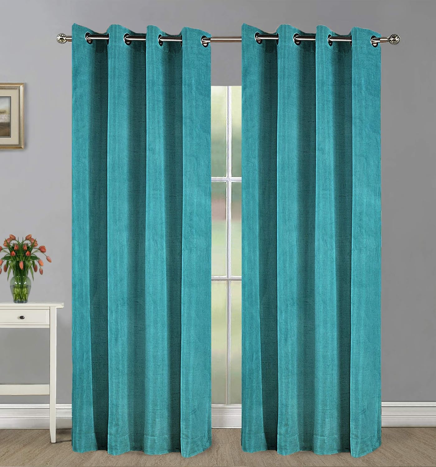 Home Candy Eyelet Set Of 2 Fancy Door Curtains 7 Feet Blue