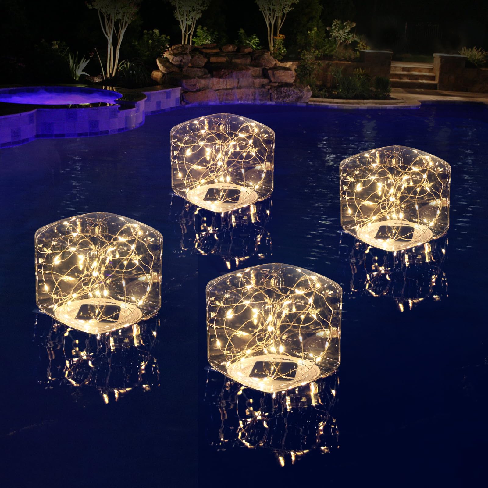 Photo 1 of LENONE Solar Floating Pool Lights, 5.6“ Glow in The Dark Warm White Square Solar Pool Lights That Float, IP68 Waterproof Auto ON/Off Solar Floating Lights for Pool Wedding Party Decorations (1 Piece)
