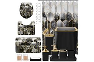 XLHOMO Bathroom Set - 26PC Bathroom Set with Shower Curtain and Rugs, Bathroom Accessory Set, Black Bathroom Accessories Set, Trash Can & Soap Dispenser