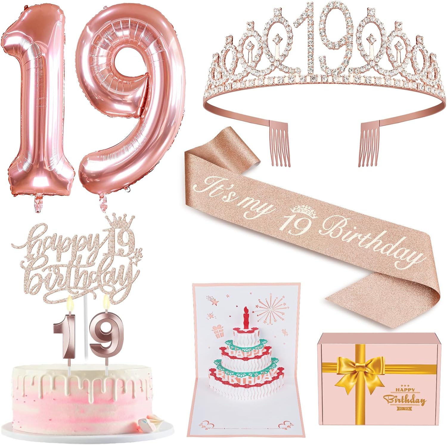 Candles & Holders - 19th Birthday Decorations for Girl Including 19th Birthday Tiara and Sash, 19 Birthday Candles and Cake Topper, 19 Balloons and 3D Birthday Cards for 19 Year Old Birthday Decorations