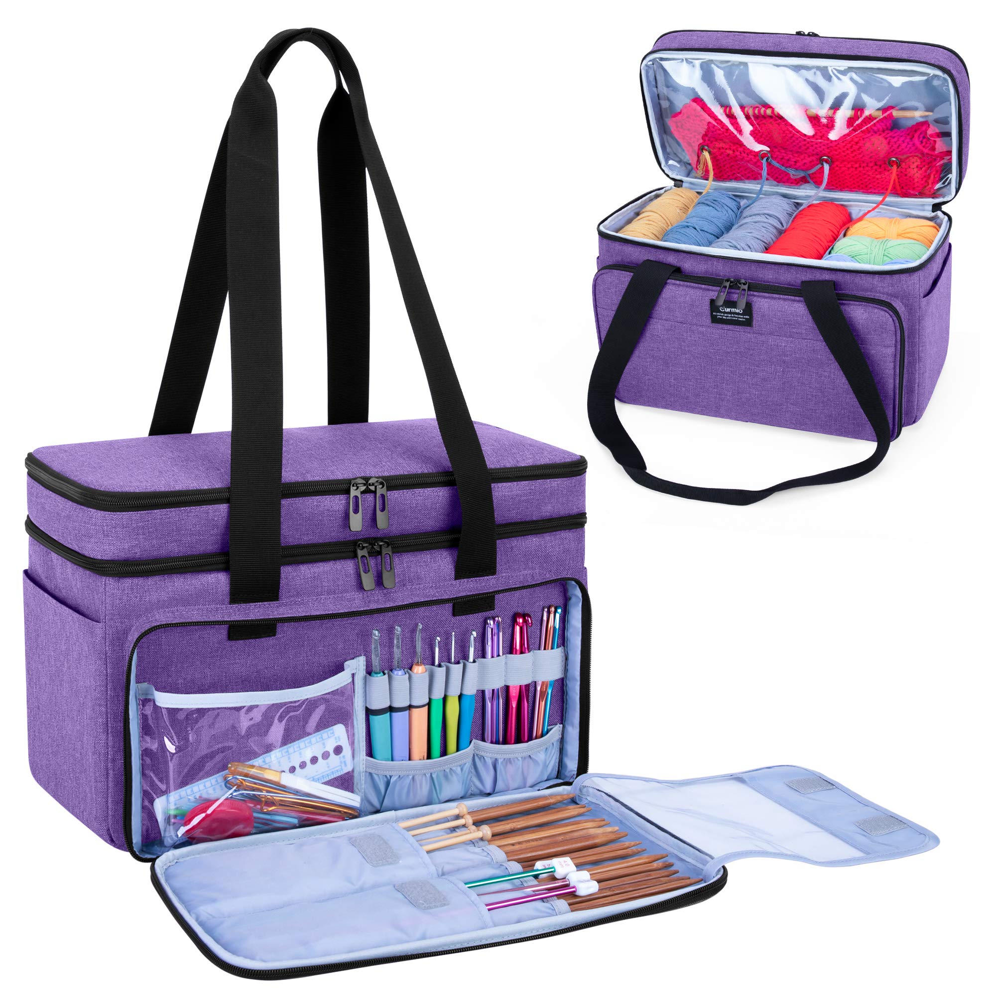 CURMIO Double-Layer Knitting Tote Bag, Yarn Storage Bag with Compartments for Crochet Hooks, Knitting Needles (Up to 14”/35.5cm), Knitting WIP or Accessories, Purple(Bag Only)