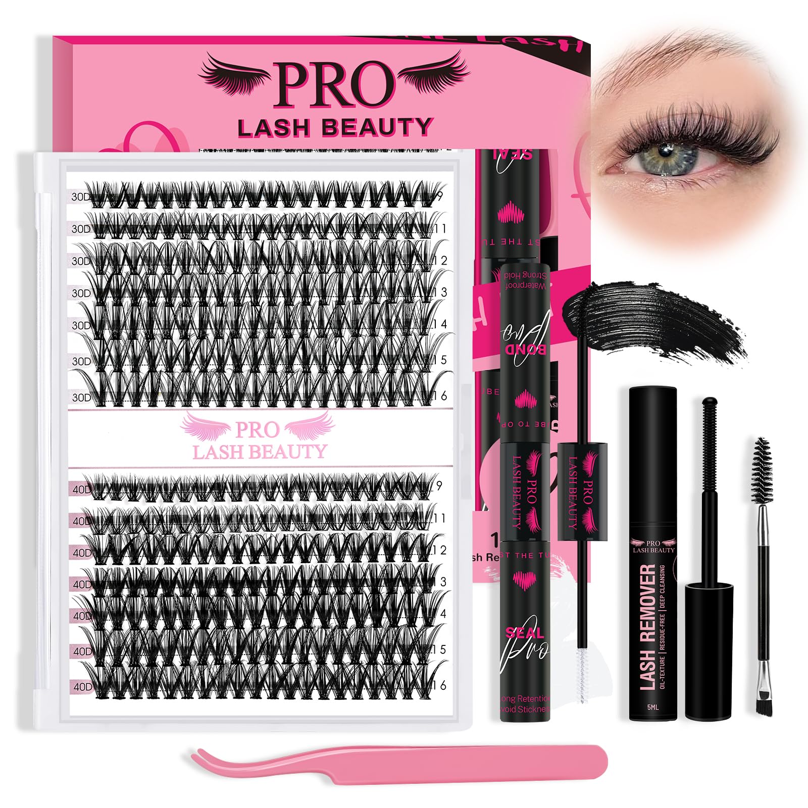 PRO Cluster Lashes Kit 280pcs Lash Clusters 30D+40D Individual Lashes Kit with Lash Bond and Seal Remover Applicator Easy to Apply at Home(30D+40D-9-16mix Kit) — image 1