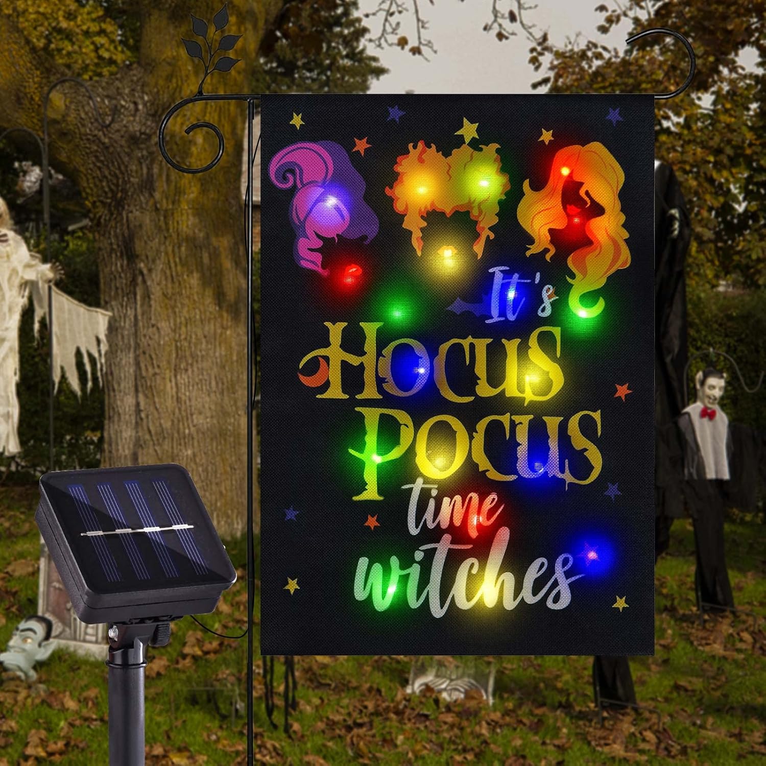 Flags - FLAGMESAG Solar Lighted Halloween Garden Flag It's Hocus Pocus Time Witches Flags for Garden Patio Lawn Outside Halloween Decorations Garden Decor (12