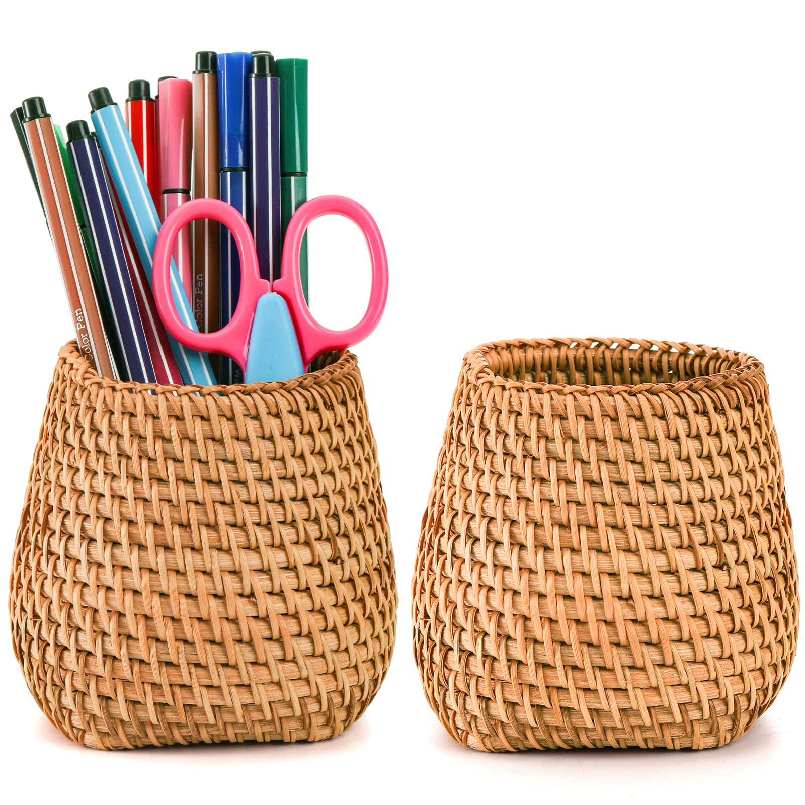 Hacaroa Set of 2 Rattan Pencil Holder for Desk, Handmade Wicker Pen Cup Container Woven Makeup Brush Holder, Vine Desk Organizer for Stationery, Flower Vase, Home, Office Table Decor