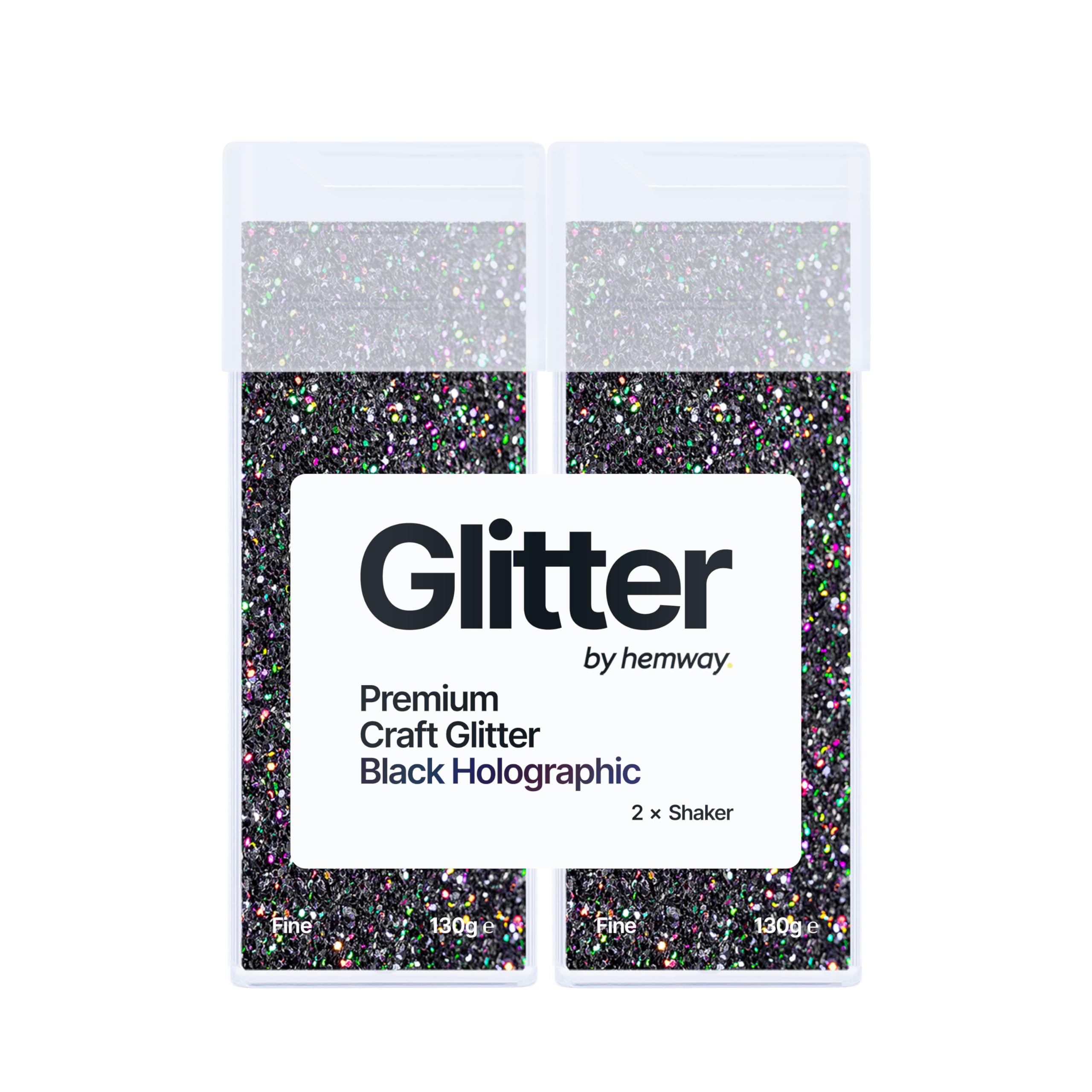 Hemway Glitter Shaker Black Holographic 130g x2 Pack Fine, Craft Glitter Shakers for Resin & Epoxy Crafts, Christmas Art Supplies, Nail, Body, Face, Eye, Festival, Crafting, Slime, Sparkle