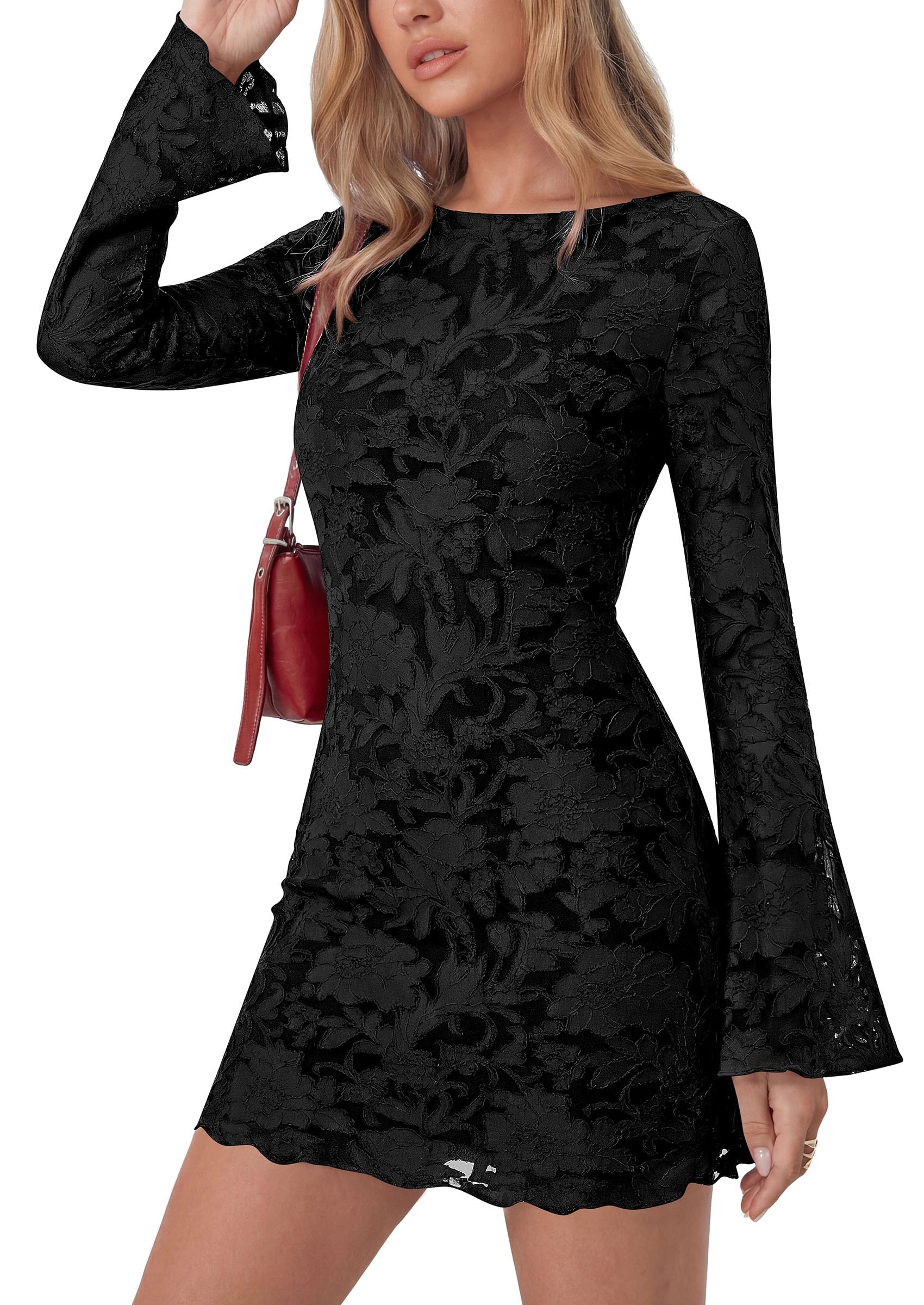 Photo 1 of PRETTYGARDEN Women's 2026 Fall Fashion Floral Long Sleeve Mini Dress Mesh Bodycon Short Party Date Night Going Out Dresses (Floral Black,Large)