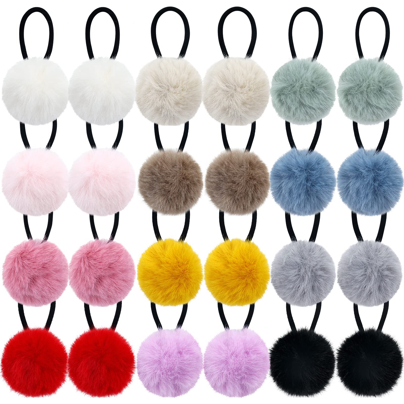 24 Pack Candy Colors Cute Small Fuzzy Pompom Hair Ties Scrunchies Pom Pom Elastics Pigtail Ponytail Holders Fluffy Hair Balls Rubber Bands Ropes Hair Accessories for Baby Girls Kids