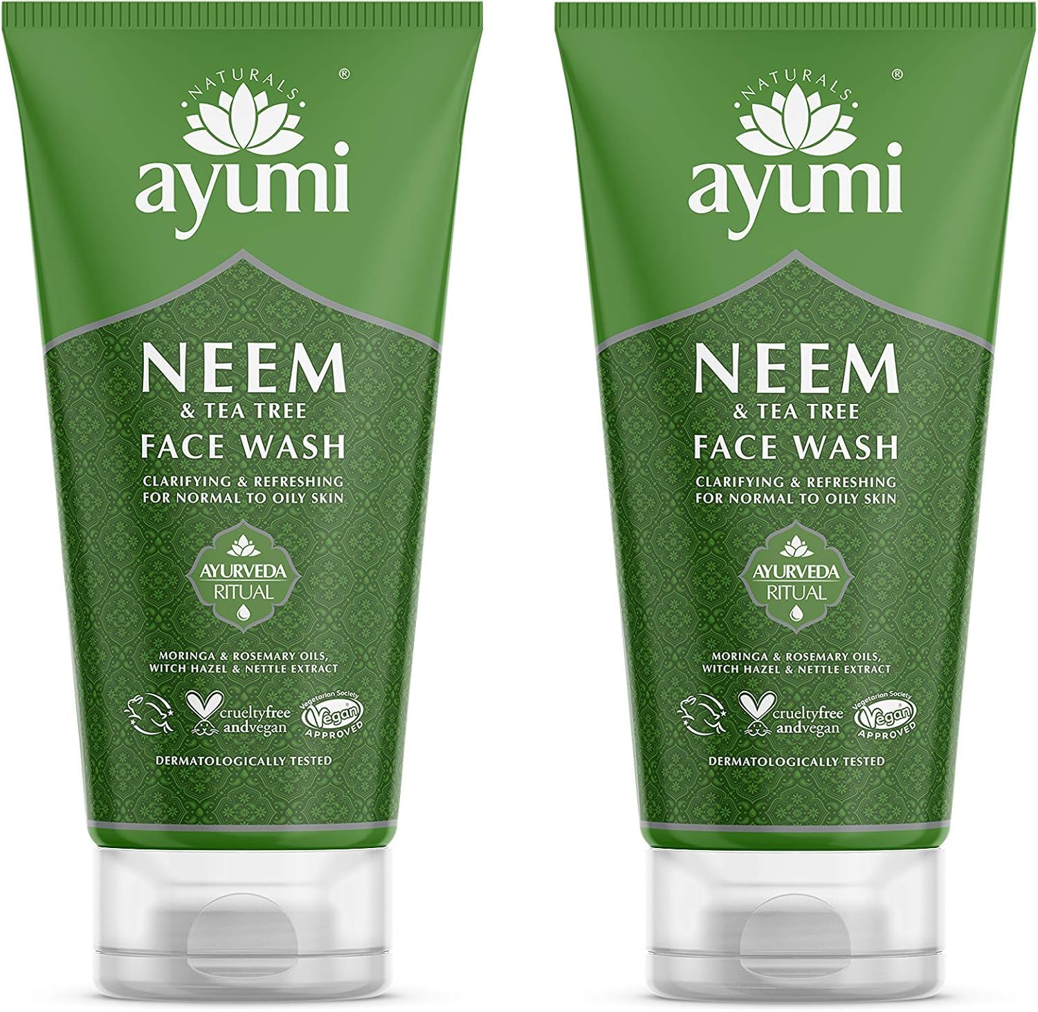 Ayumi Tea Tree Face Wash with Neem | Oily Skin Wash with Nettle Leaf Extract | Tea Tree Oil for Acne Treatment | Hydrating Facewash with Moringa Oil | Women & Mens Face Wash for Skin Care | 2x150 ml