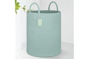 BOSROTY Large Cotton Rope Laundry Hamper 65L, Baby Nursery Hamper Bin, Woven Storage Basket for Living Room Bedroom, Tall Blanket Basket for Storage Toys Clothes Towels, 16”x 20”, Light Green