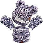 Wandx Kids Winter Hat Gloves Scarf Set Fleece Lined Beanie with Pom knitted Neck Warmer for Boys Girls Aged 2-15 Cold Weather
