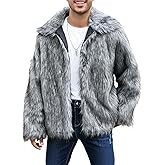 Eisctnd Men's Faux Fur Coat, Warm Fluffy Fuzzy Fleece Jacket with Lapel Collar for Winter Fashion Trench Outerwear