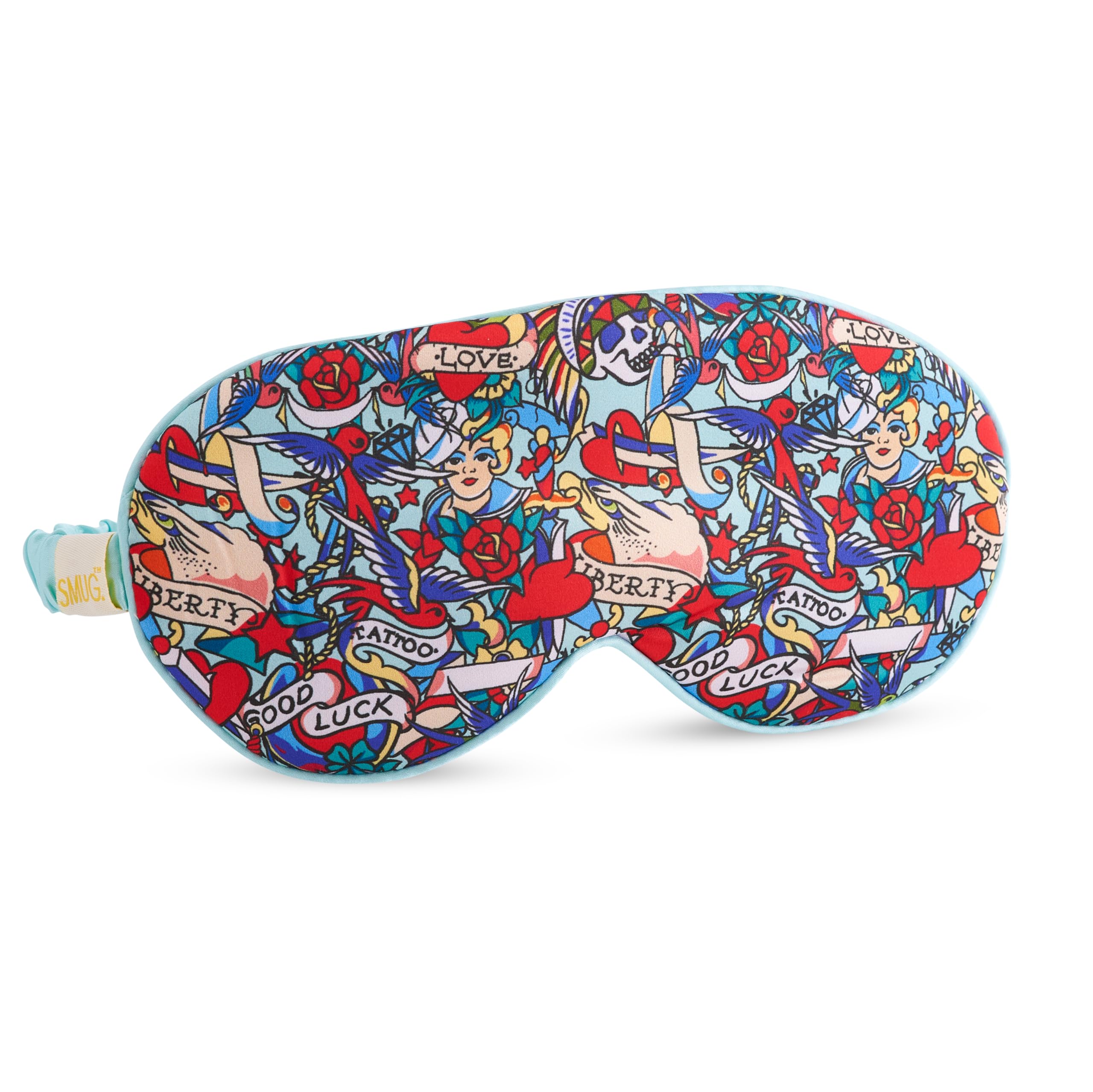 SMUG Satin Sleep Mask - Sleep Aid for Women & Men for Sleeping & Travel - Silky Soft to Nourish Skin & Reduce Dark Circles - Eye Cover to Block Out Light - Multicolour Tattoo Print