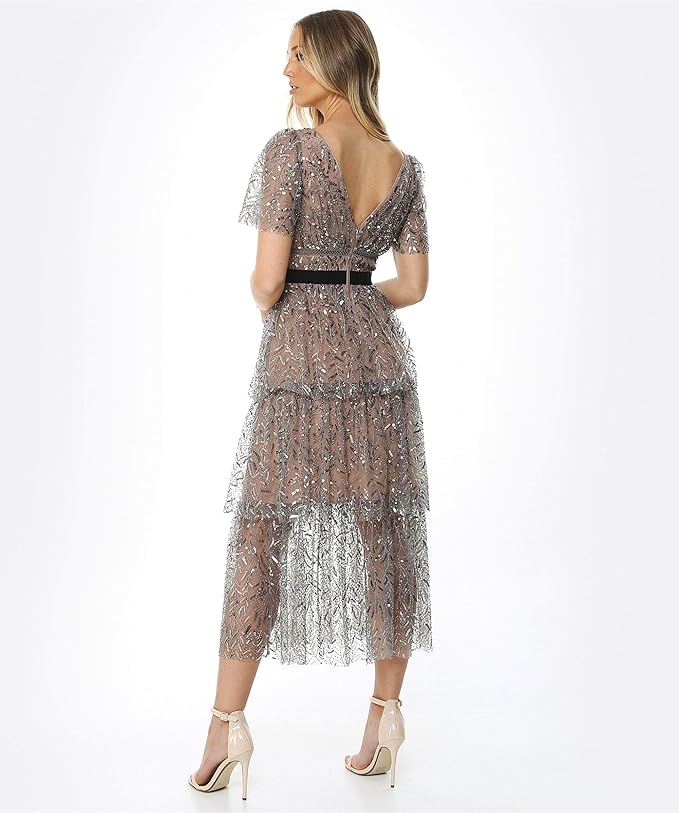 delicate sequin tiered midi dress