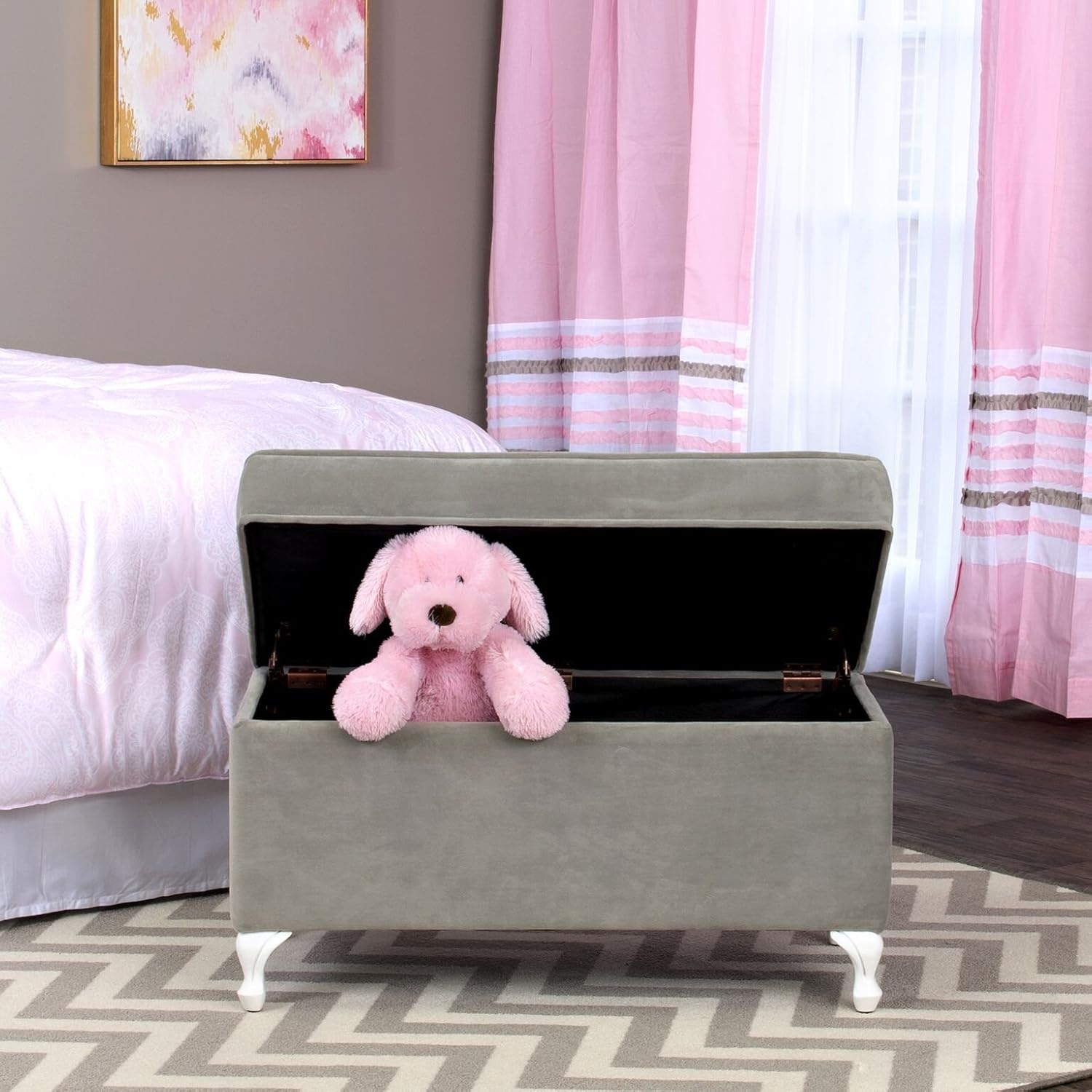 HomePop Diva Youth Velvet Decorative Storage Bench with White Wood Legs: Kitchen & Dining