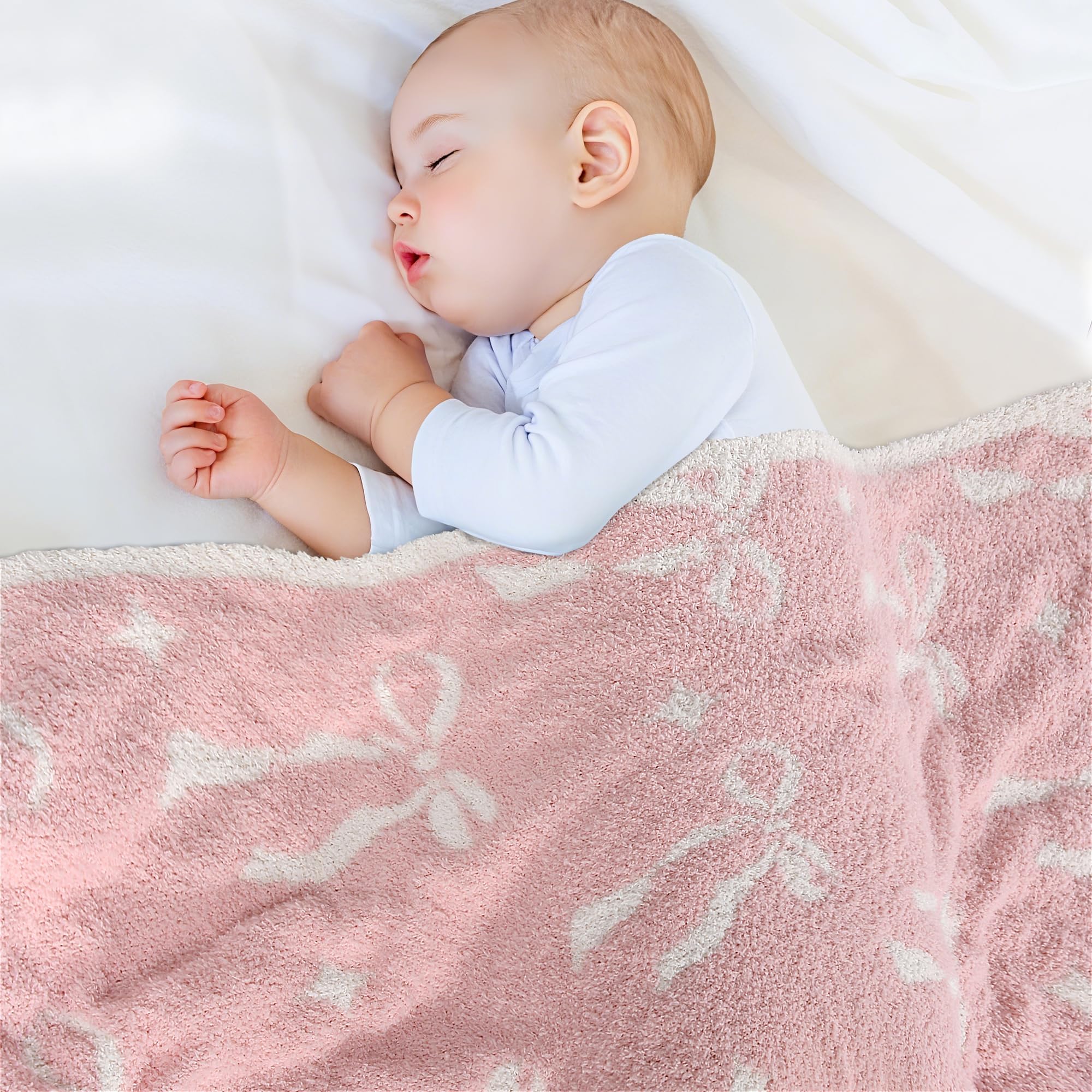 Photo 1 of Pink Bow Baby Blanket – Cozy Knitted Bow Throw for Baby Girls, Nursery Décor, & Newborn Gifts – Ultra-Soft, 30x40 Inch