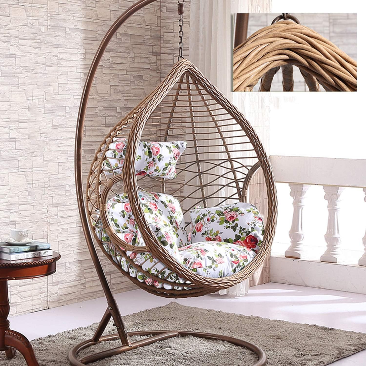 HOIHO Outdoor PE Rattan Hanging Basket Chair, Hanging Single Rest Hanging Chair Indoor Balcony Egg Shaped Swing Chair Sending Cushion/Carpet (105 195cm) (Color : Beige)