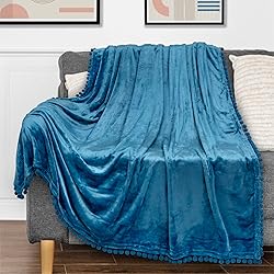 PAVILIA Teal Blue Throw Blanket Pom Pom for