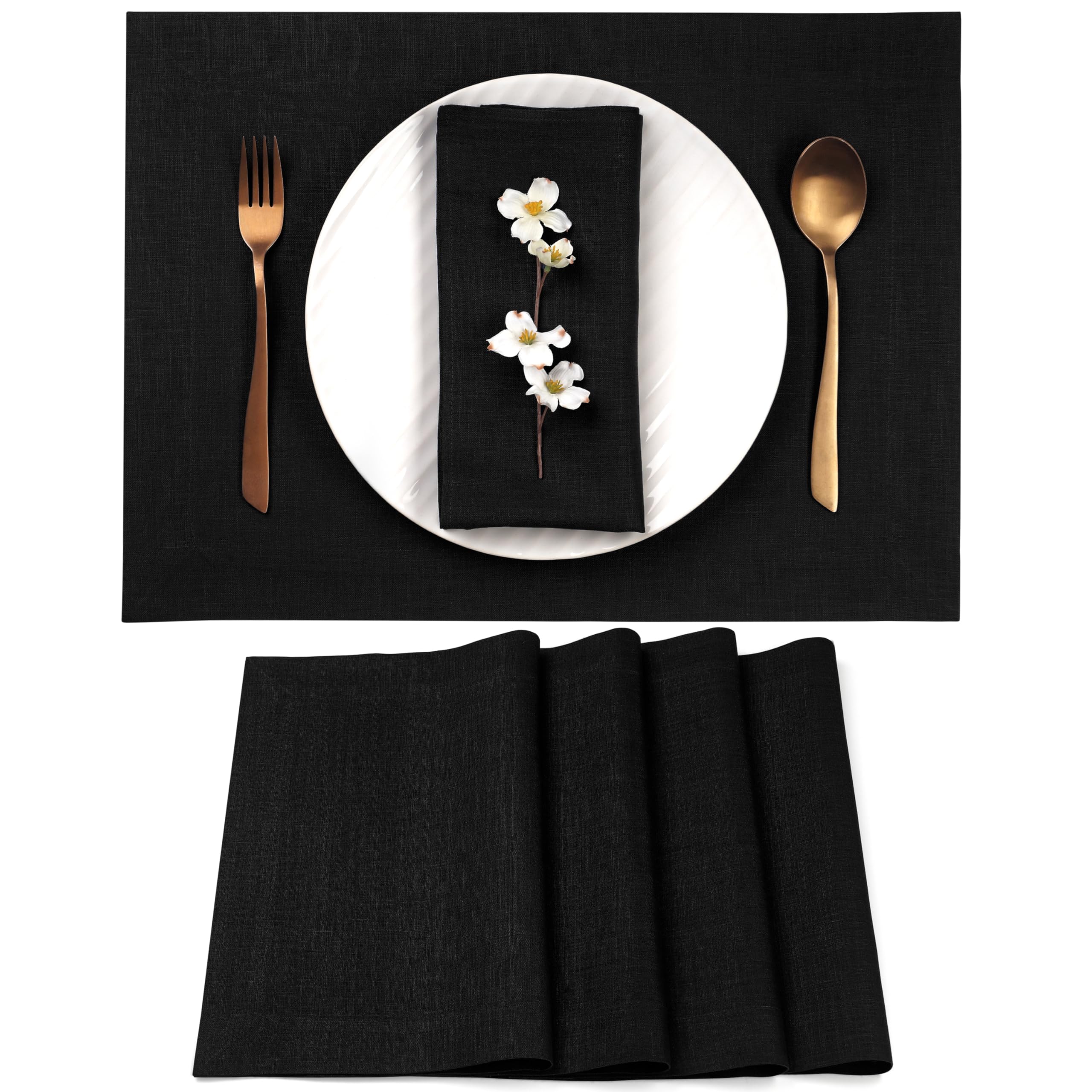 D'Moksha Homes Linen Placemats Set of 4-100% Pure Linen Black Placemats 14 x 19 Inch - Washable Black Placemats