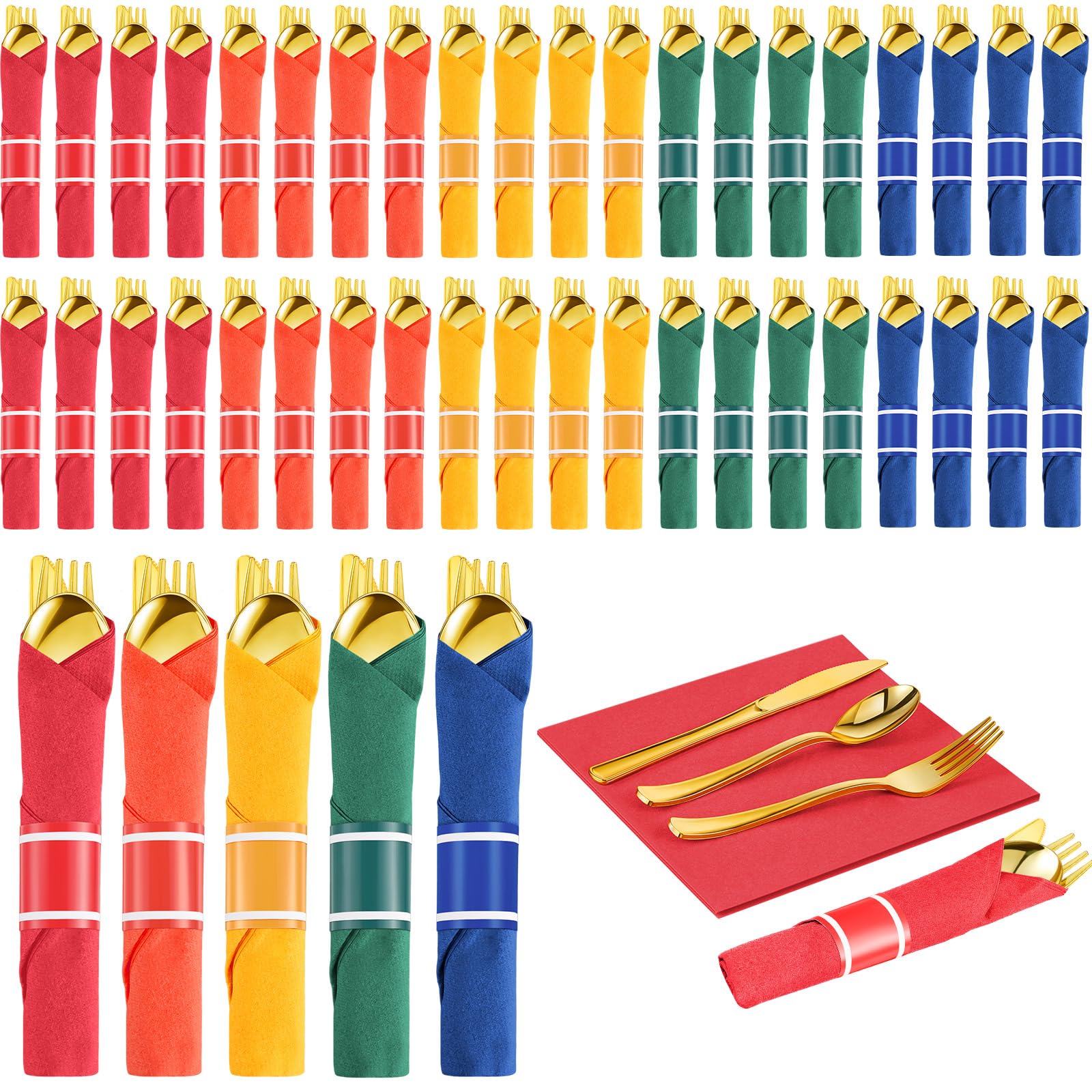 Photo 1 of Lasnten 50 Pcs Pre-rolled Gold Plastic Silverware Set Colorful Disposable Plastic Cutlery Set with Napkins for Birthday Wedding Rainbow Mexican Party Outdoor Activity Gay Pride Party